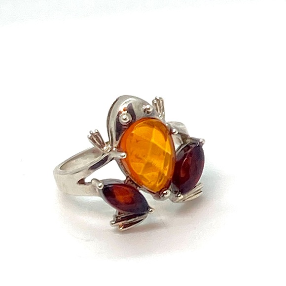 925 Sterling Silver & Amber Frog Toad Amphibian Ring | Sz 8 | 4.6g - Picture 1 of 13